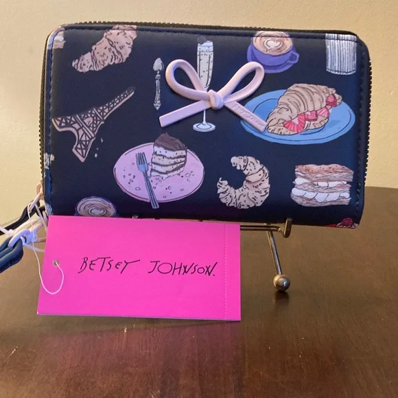 Betsey Johnson Black Wallet with Pink Bow and Parisian theme - Picture 1 of 5